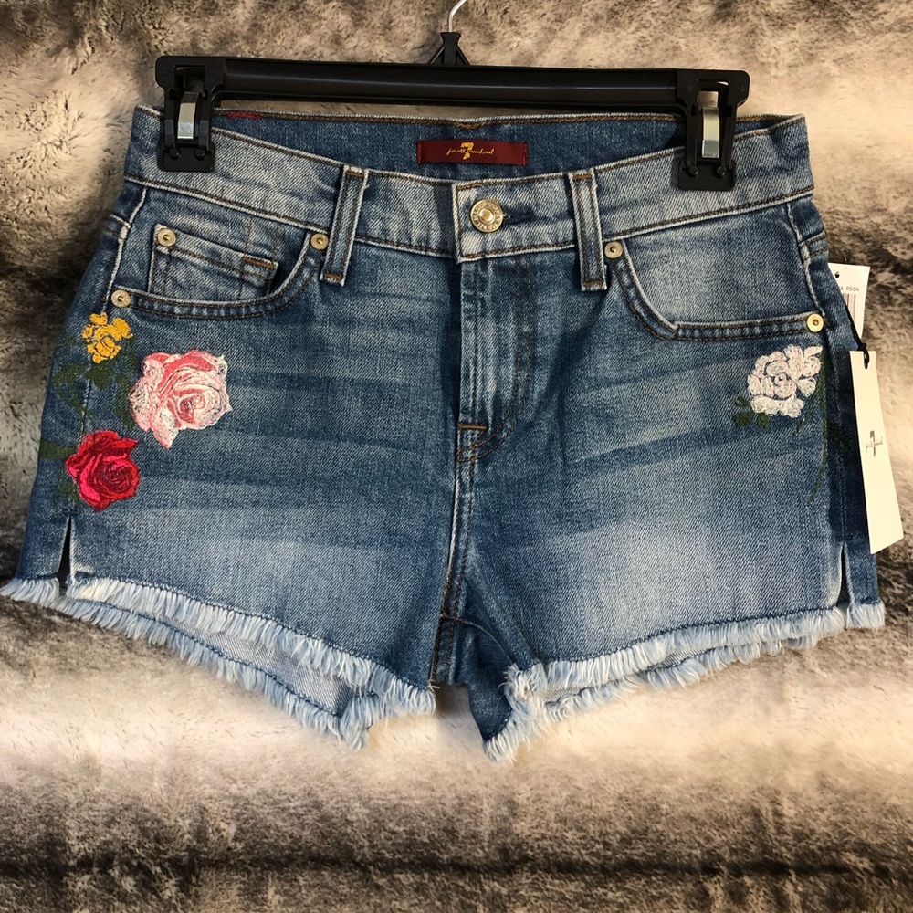 7 For All Mankind Blue Denim Shorts with Floral Embroidery